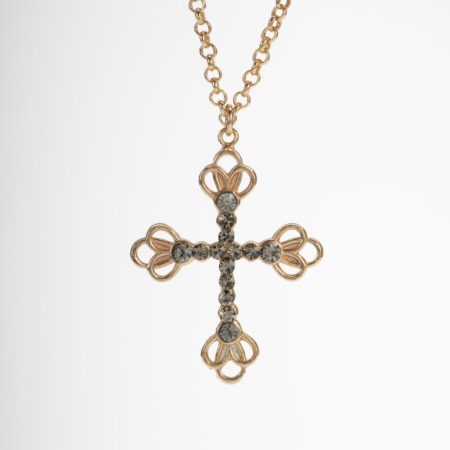 Collana con croce e cristalli grigio fumè, con trafori finissimi.