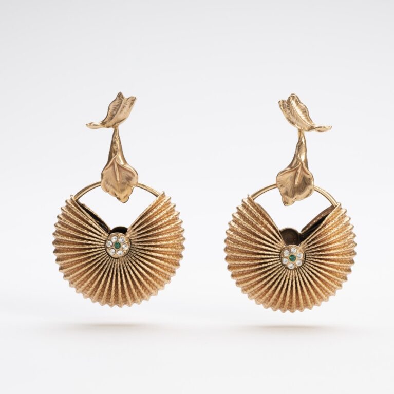 Calla & Shell Abstract Sculpture Earrings | Art Nouveau Modern Crystal Emerald