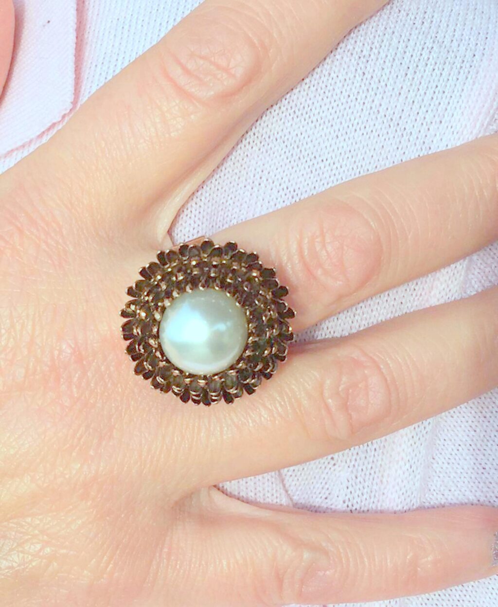 Anello Maxi Fiore Dalia Vintage con Perla d'Imitazione