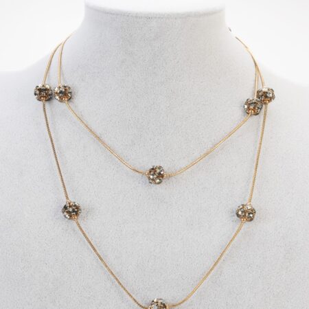 Collana lunga con sfere di cristalli fumè a doppio giro in metallo dorato – Pezzo Unico Atelier