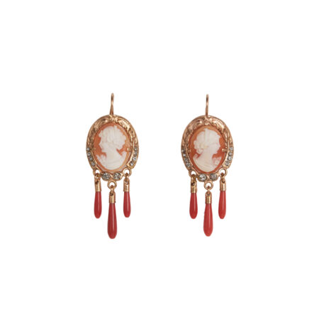 Dangling cameo earrings with red coral drops
