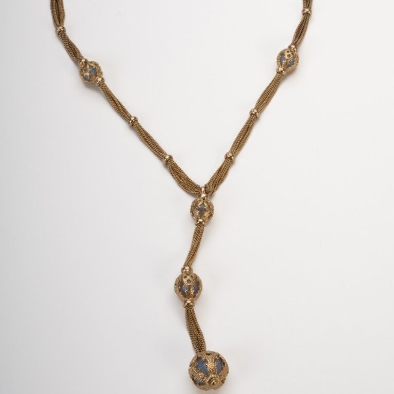 Long Golden “Prisoner Ball” Necklace with Opalescent Celestial Quartz