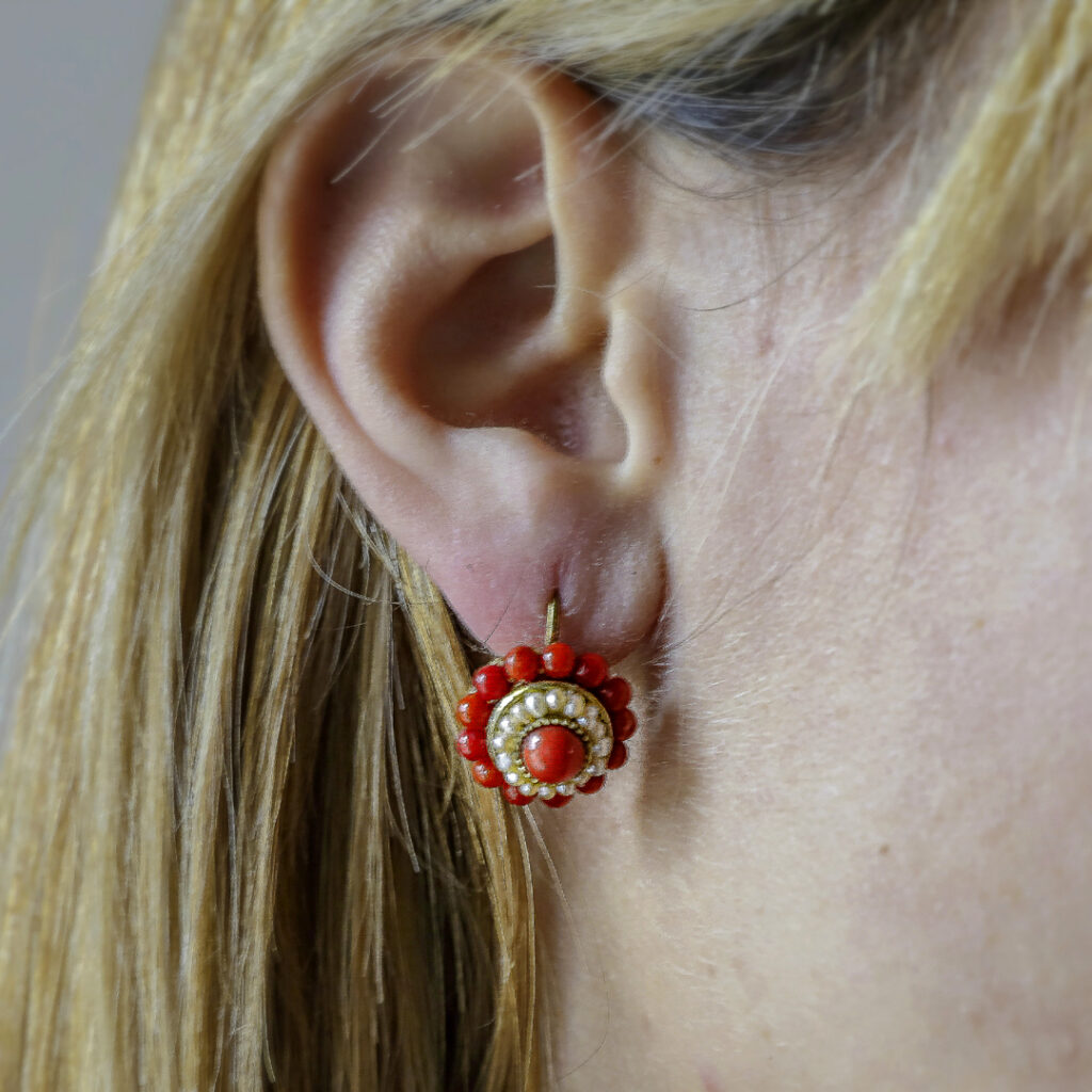 Bourbon Ancient Style Earrings: coral and river pearls