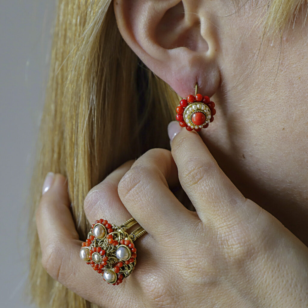 Bourbon Style Ring with Antiqued Freshwater Pearls and Red Coral
