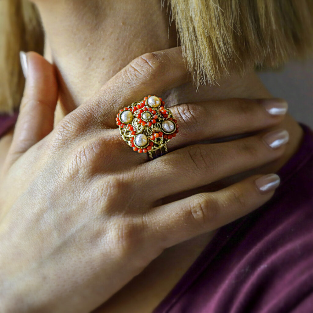 Bourbon Style Ring with Antiqued Freshwater Pearls and Red Coral