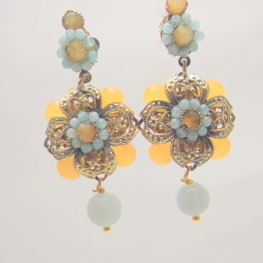 Orecchini pendenti Amalfi in ottone con agate Verde Acqua Ghiaccio e Arancio.