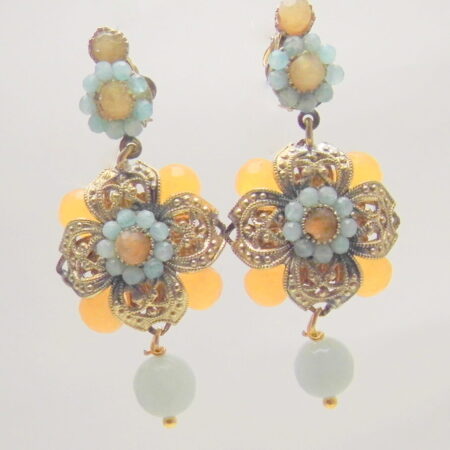 Orecchini pendenti Amalfi in ottone con agate Verde Acqua Ghiaccio e Arancio.