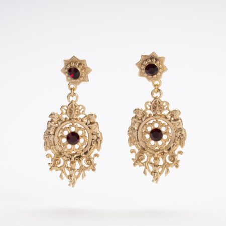 Majestic Baroque Angel Earrings Hanging with Vivid Red Crystals