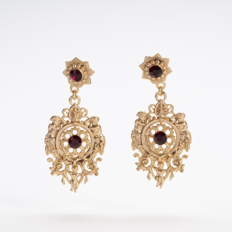 Maestosi Orecchini Angelo Barocco Pendenti con Cristalli Rosso Vivo