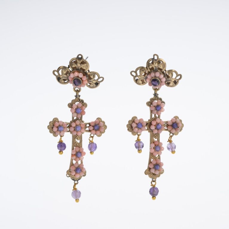 Baroque Cross Amethyst & Pink Coral Earrings
