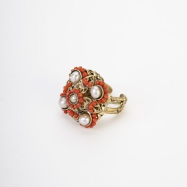 Bourbon Style Ring with Antiqued Freshwater Pearls and Red Coral