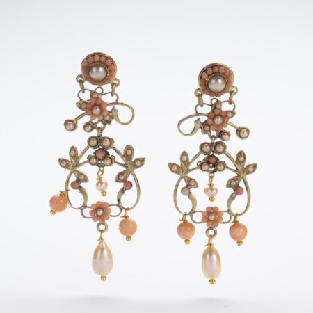 Nineteenth Century Charm: Pendant Earrings with Antiqued Pearls and Pink Coral