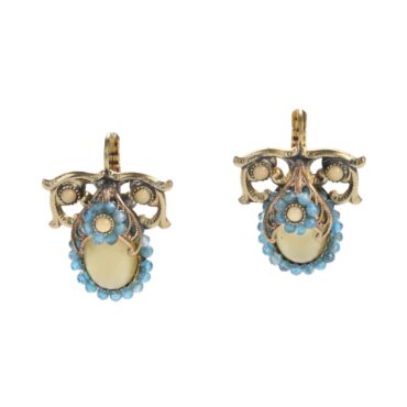 Brass Filigree Earrings with Yellow and Blue Crystals