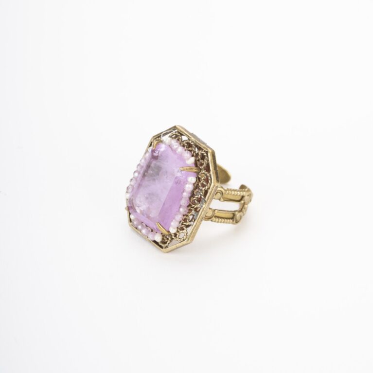 Lilac Zircon Ring and Pearls | Antique Style Adjustable | Italian Handcrafted Filigree