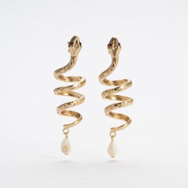 Antiqued Gold Gilded Snake Earrings | Pearl & Crystal