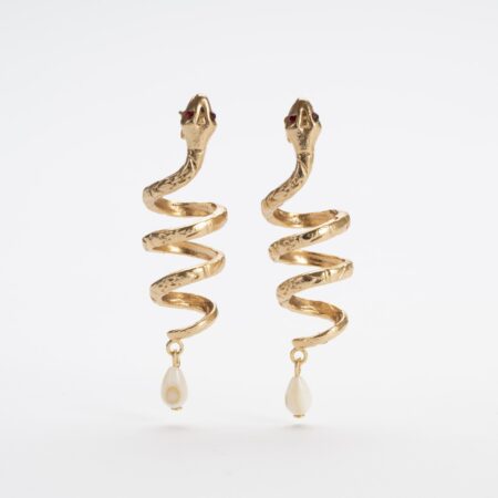 Antiqued Gold Gilded Snake Earrings | Pearl & Crystal