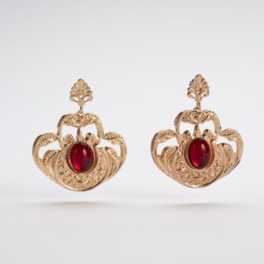 Antiqued Gold Gilding Earrings, Unique Red Crystal