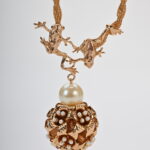 Frogs and Florentine Lily Sculpture Necklace 14KT Gold Gilt