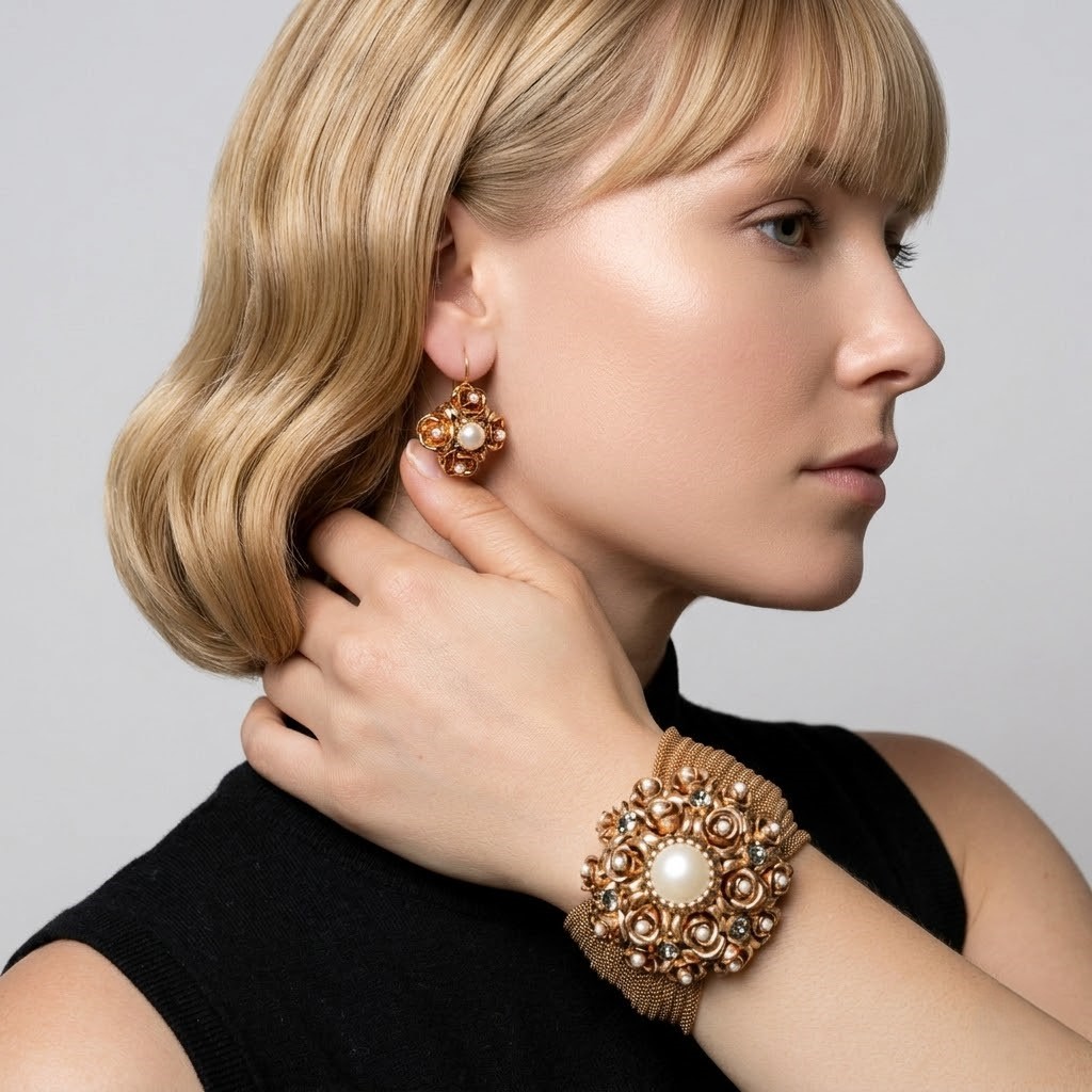 Modella che indossa orecchini floreali dorati e bracciale coordinato con perla