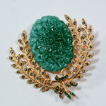 Green Jade Craft Brooch - Bakelite in Glass Paste and 14KT Gold Gilt