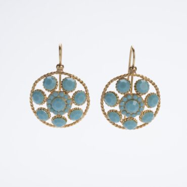 Orecchini pendenti Stile Liberty in demirouge dorato 14 KT con cristalli turchesi rosetta e lavorazione a torchon