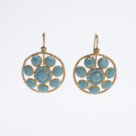 Orecchini pendenti Stile Liberty in demirouge dorato 14 KT con cristalli turchesi rosetta e lavorazione a torchon