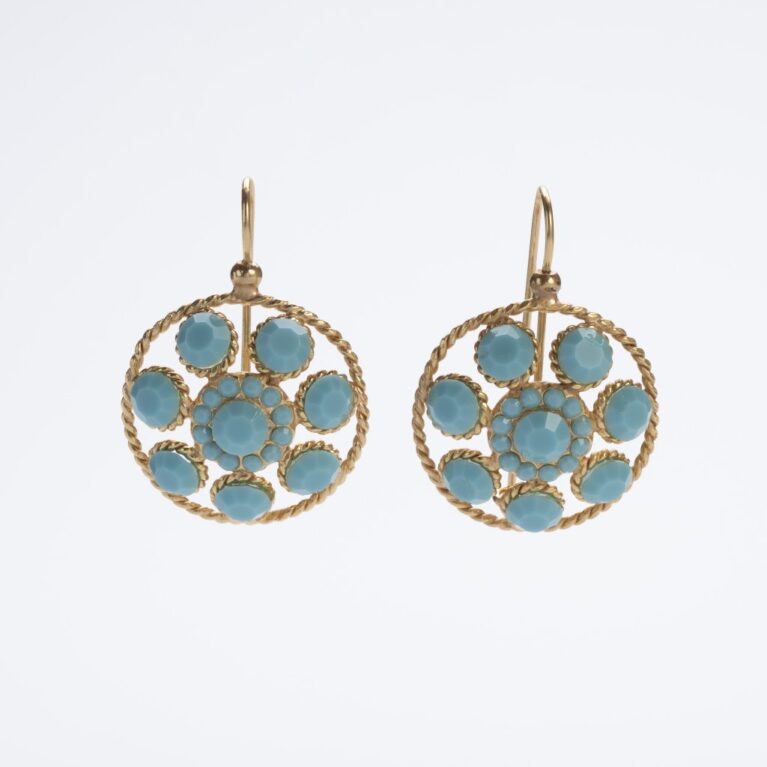 Orecchini pendenti Stile Liberty in demirouge dorato 14 KT con cristalli turchesi rosetta e lavorazione a torchon