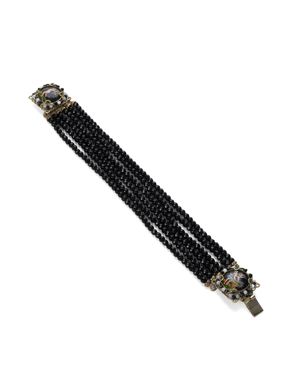 Bracciale rigido 6 fili perle sfaccettate onice nera con due castoni miniati d'epoca borbonica
