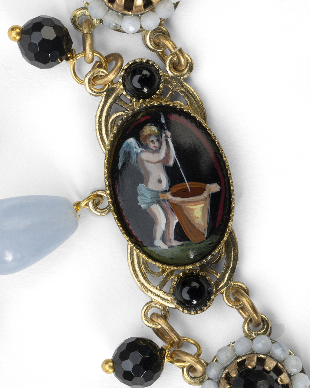 Collana gioiello neoclassica a festone 5 miniature borboniche con agata celeste e onice nera