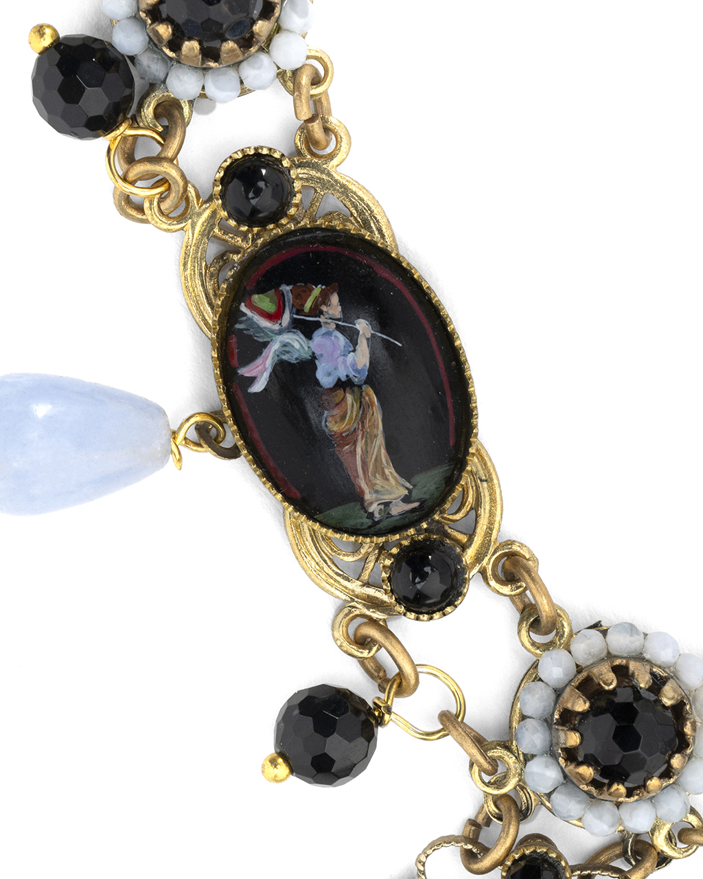 Collana Borbonica Pompei con Cinque Miniature Dipinte a Mano Onice Nera e Agata Celeste
