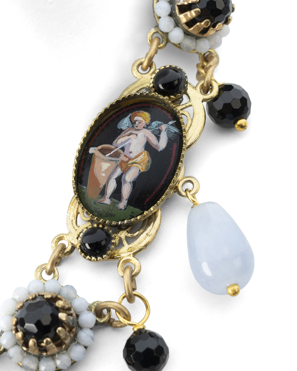 Collana gioiello neoclassica a festone 5 miniature borboniche con agata celeste e onice nera