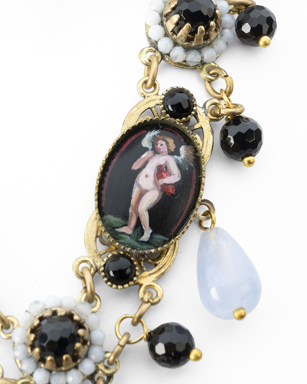 Collana gioiello neoclassica a festone 5 miniature borboniche con agata celeste e onice nera
