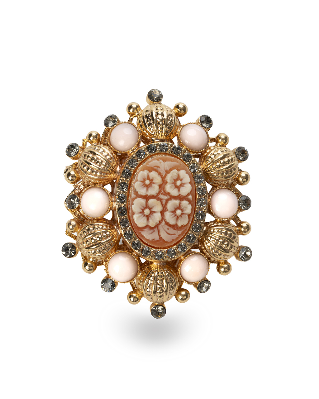 Spilla ciondolo borbonica con cammeo floreale cabochon rosa cipria e cristalli fume - Collezione Nostalgia
